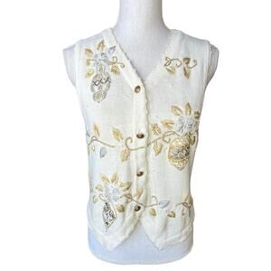 Vintage holiday knit vest sequins embroidered cream retro grandma core festive